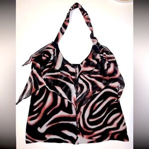 Y2K 100% Silk Bebe Ruffle Halter Top ButtonUp Shirt Party Womens Sz M Black Pink